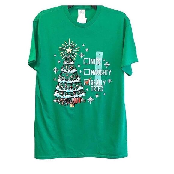 Delta Other - Nice Naughty Really Tried Christmas Crew Neck Tee Unisex Medium Green Short Slv